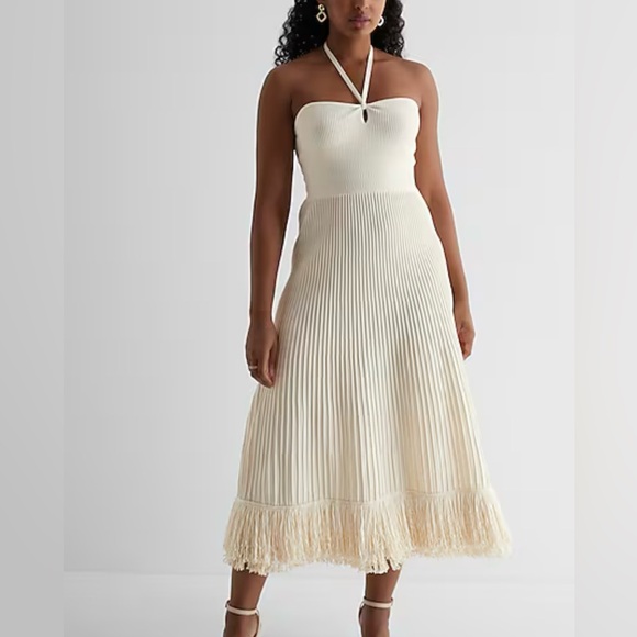 Express Cream Strapless Pleated Dress - Picture 1 of 4
